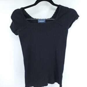 ModCloth Y2k Retro Ribbed Knit Black Scalloped Neck Cropped Stretchy Sweater L